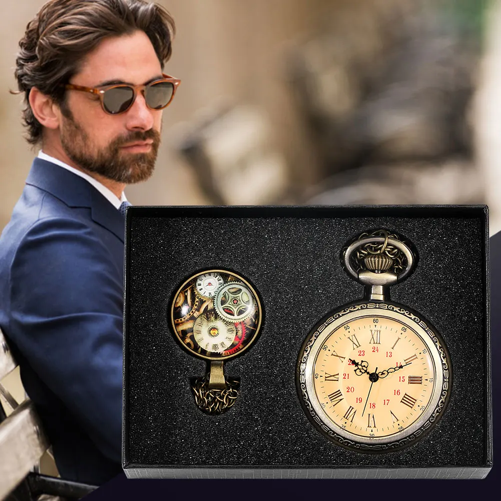 Luxury Gold Necklace Pocket Watch Men Gift Set without Cover Design Roman Numerals Dial Steampunk Pocket Watch Reloj De Bolsillo