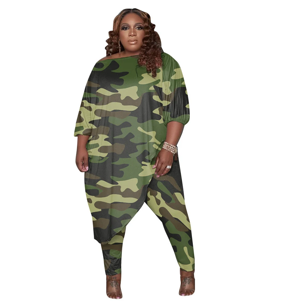Plus Size Autumn Style Trendy Women Clothing Tracksuit Womens Long Loose Camouflage Oblique Shoulder Wholesal 3xl 4xl 5xl 6xl
