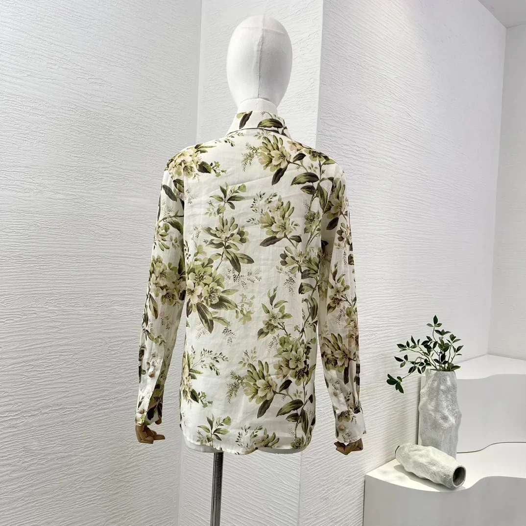 2024 New Collection White Green Floral Leaf Print Long Sleeve Turn Down Collar Blouse Tops and Wide Leg Pants Set for Holiday