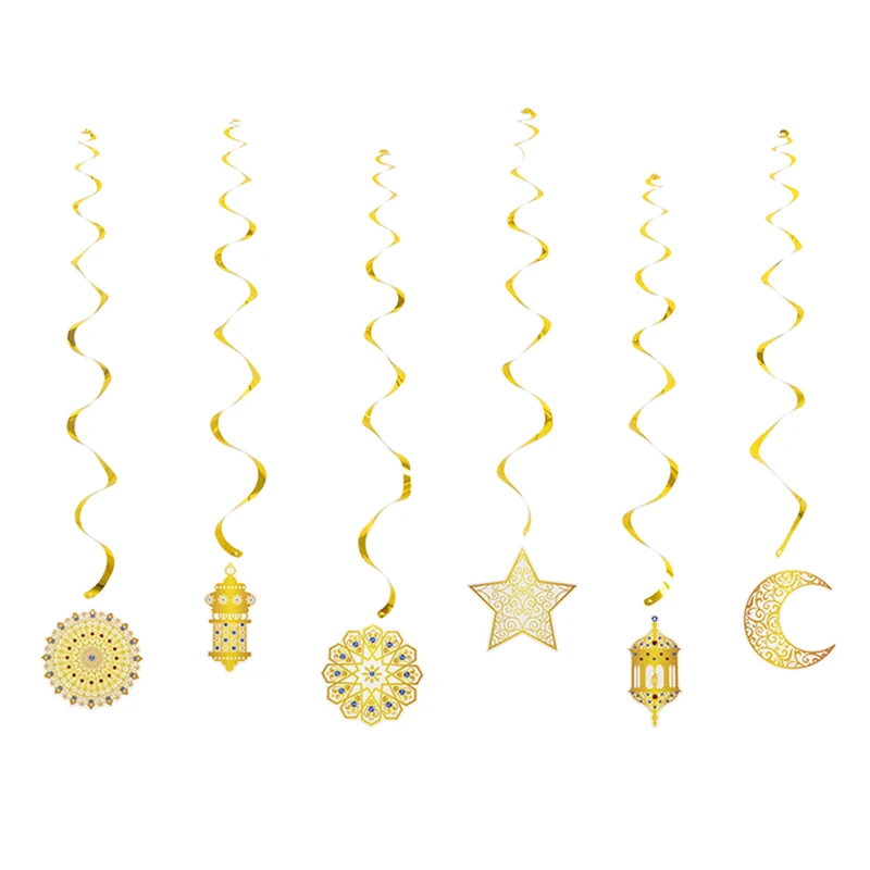 

6pcs Eid Mubarak Gold Spiral Banner Swirl Pendant Bunting Hanging Decor Ramadan Islamic Muslim Hajj Festival Party Decoration