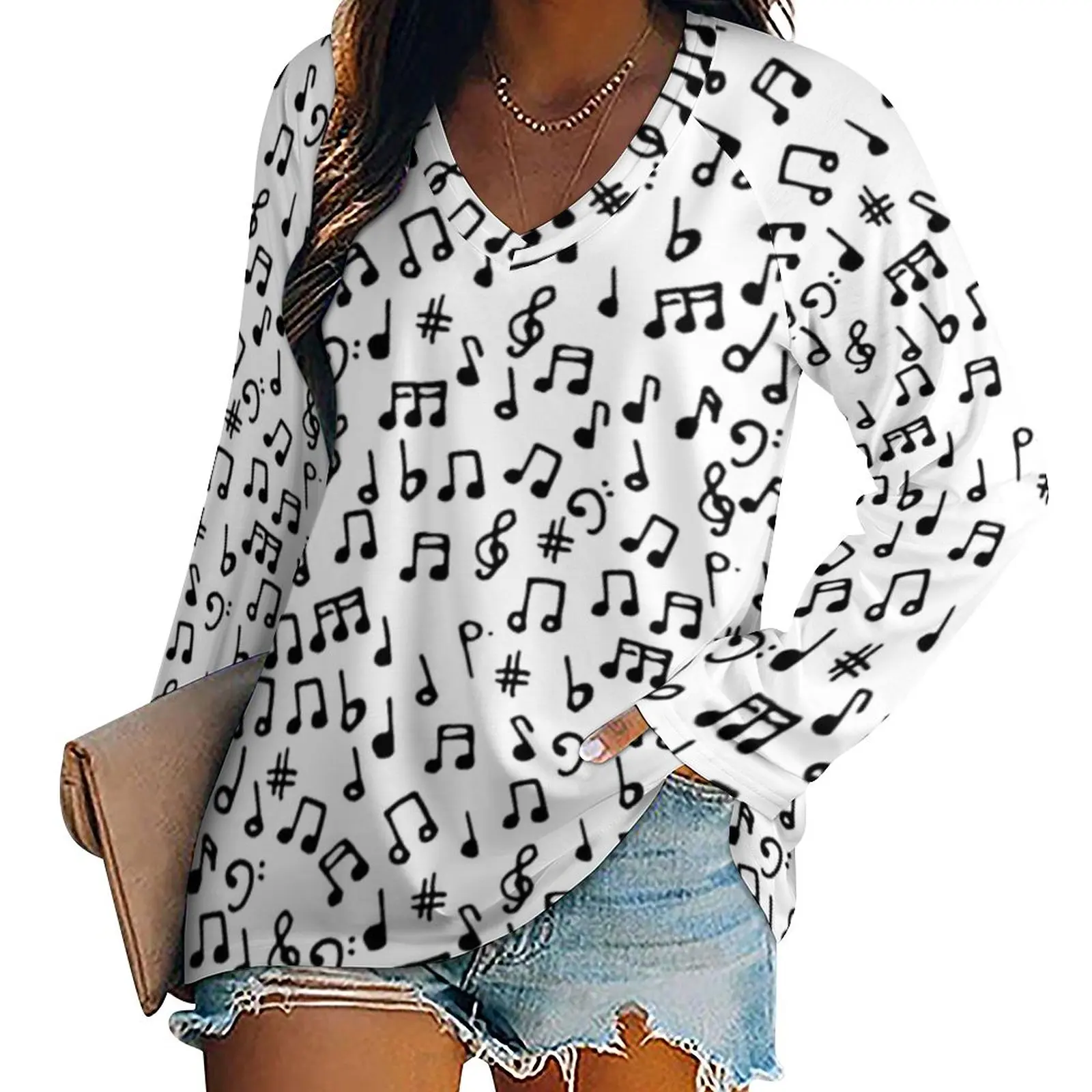 

Футболка женская с длинным рукавом и V-образным вырезом, черно-белая