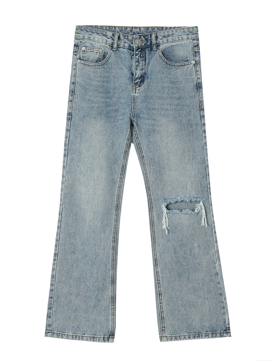 Four Seasons Men's Workwear Jeans Korean Version Straight Hole Micro-Flare Loose Men's and Women Fashion Streetwear Ins Hot Sale