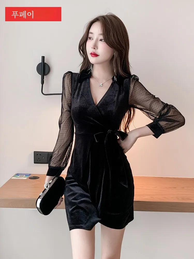 Ночной магазин Сексуальные платья для женщин с длинным рукавом Золотой бархат Slim