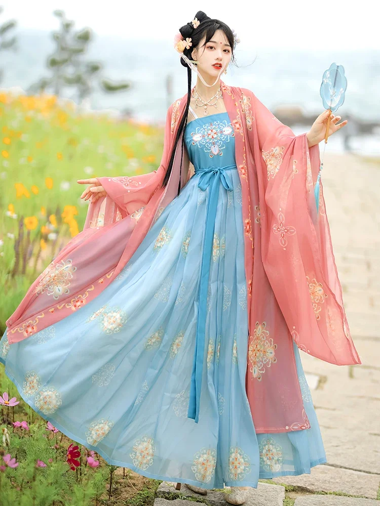 

Старинное кимоно ханьфу, летние платья с вышивкой Тан в китайском стиле, традиционный танцевальный косплей, сказочный костюм с юбкой