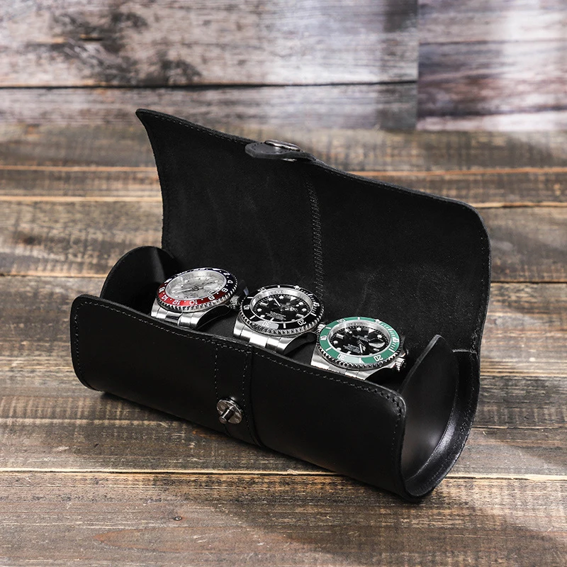

3 grids black color genuine leather Travel Roll Portable 3 Watch Display Storage