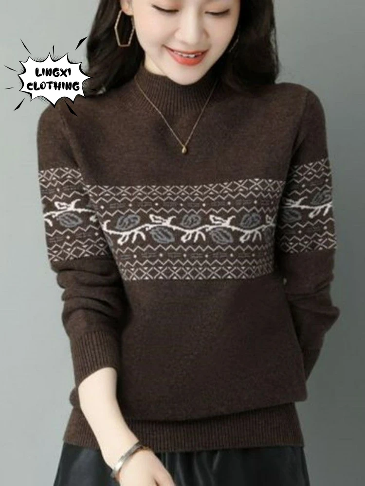 

Thickened Autumn and Winter 2023 New Half High Neck Loose Sweater Elastic Imitation Wool Vintage Elegant Warm Knit Pullover