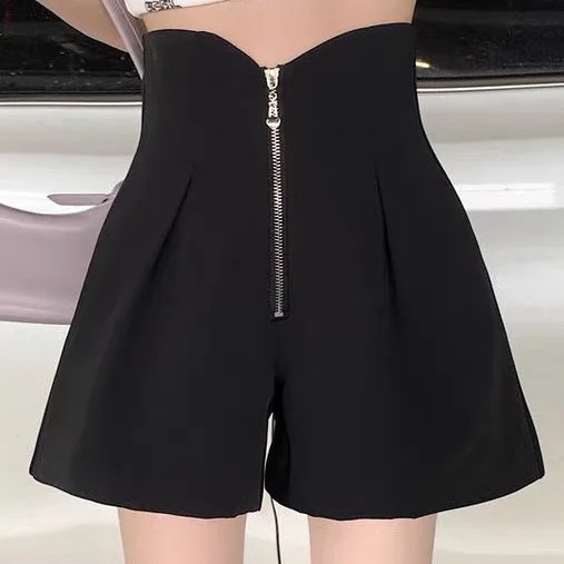 2023 Women Elegant High Waist  Zipper Fly All-match Chic Daily Solid Summer Wide Leg Shorts Suit Casual Design Basic W28