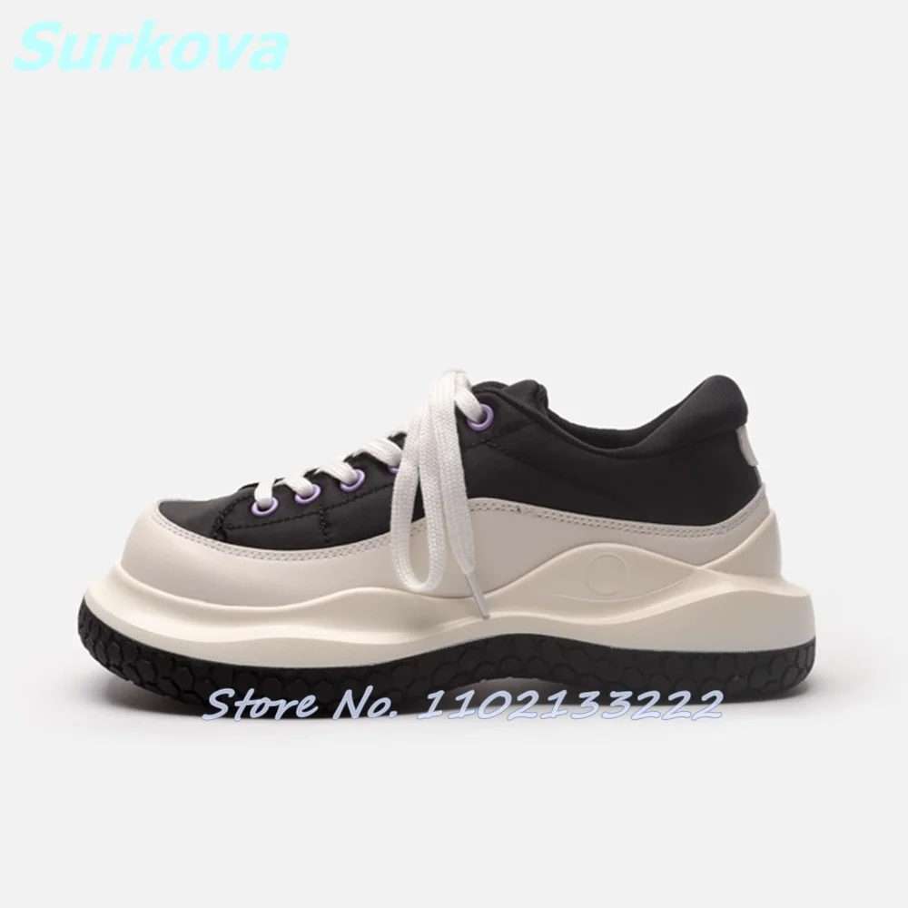 Thick Soled Sneakers Mixed Colors Round Toe Lace Up Women Shoes Newest Fashion Leisure All Match Shoes Comfortable Daily Shoes