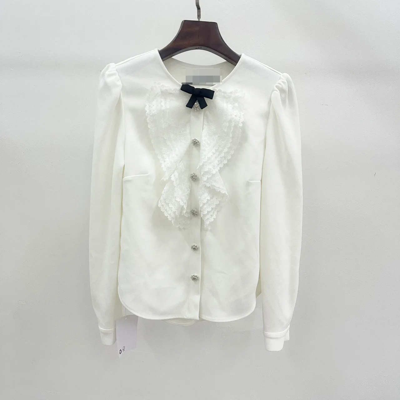 

Women Shirt O-Neck Single Breasted Long Sleeve Lace Splicing Bow Long Sleeve Blouse Sweet