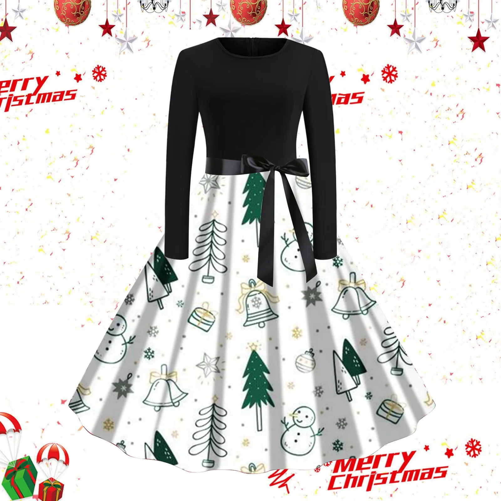 

Vintage Christmas Dress Women Casual Graphic High Waist Maxi Dress Robe 50s 60s Rockabilly Swing Pinup Vestidos Xmas Party Robe