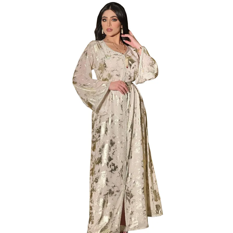 

Ramadan Eid Dubai Fashion Abayas Autumn Winter New Muslim Gilded Robe Femme V-Neck Printing Chiffon Evening Dress With Belt Plus