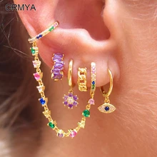 CRMYA Gold-plated Hoop Dangle Chain Earrings For Women Vintage Piercing Color CZ Zircon Women Earring Set 2023 Jewelry Wholesale