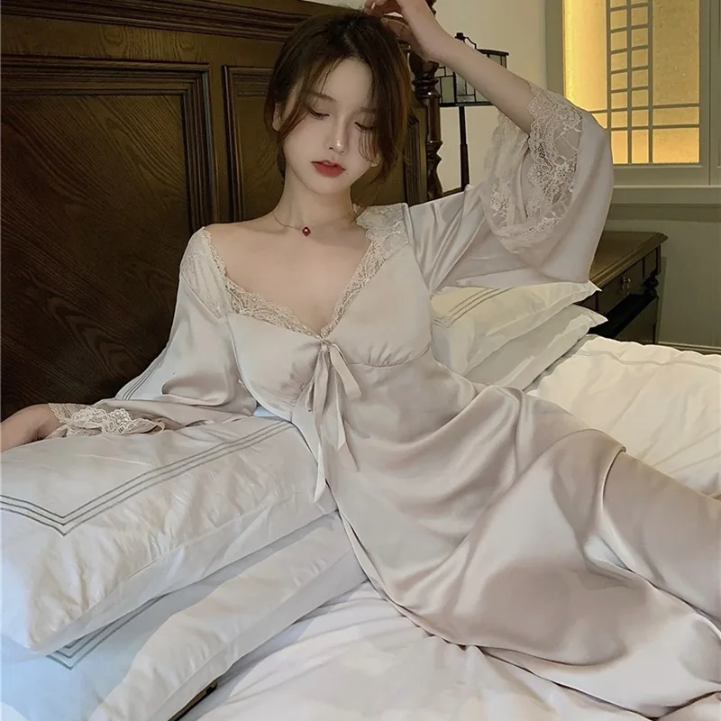 Women's Elegant Nightgown French Style Lace Ladies Summer Long Sleeve Night Dress Solid Bow Sexy Homewear Nightdress For Female