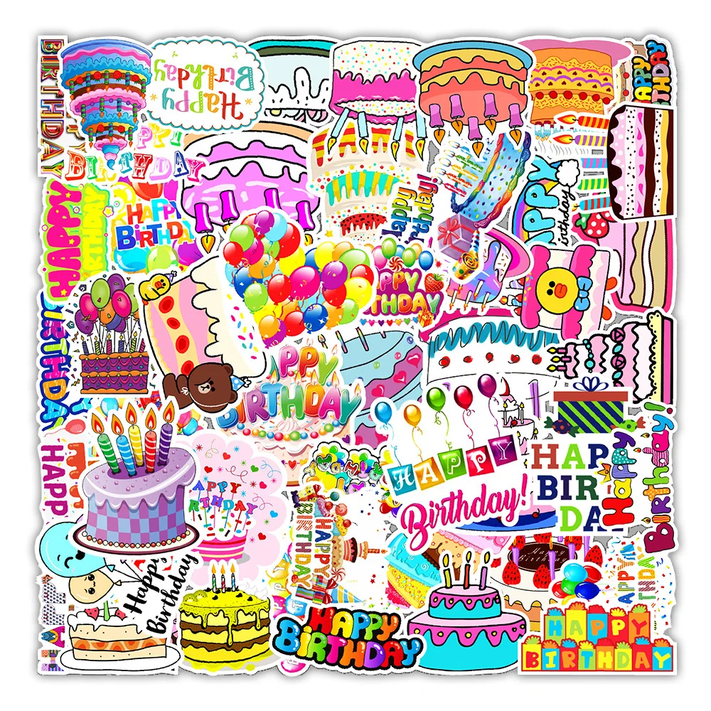 

10/30/50Pcs Happy Birthday Cake Cute Stickres Decal Notebook Laptop Guitar Phone Wall Decoration DIY Waterproof Kid Sticker Gift