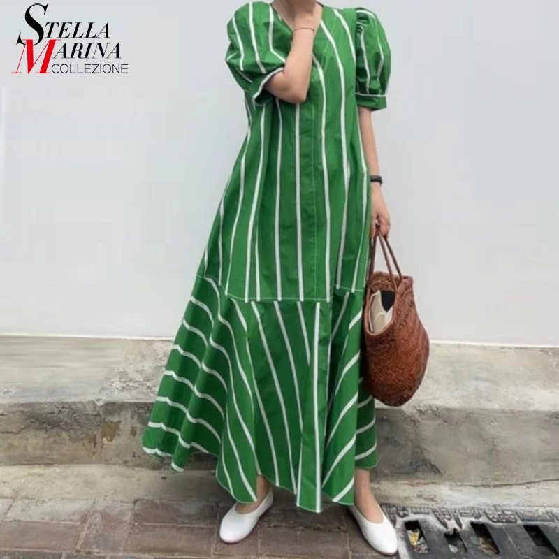 

New Vertical Striped Summer Woman Casual Wear Blue Green Long Dress Puff Sleeve Korean Style Girls Cute Long Dress vestido JA096