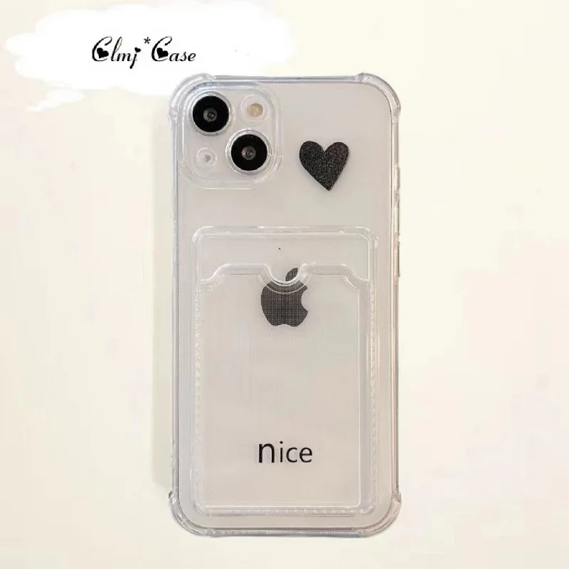 

Clmj Card Holder Heart Phone Case For iPhone 11 12 14 13 Pro Max X XR XS 7 8 Plus Soft Silicone Protective Cover Can Put Photo