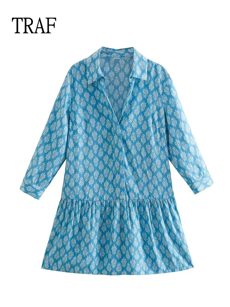 

Женское короткое платье с принтом, V-образным вырезом и рукавом 2022