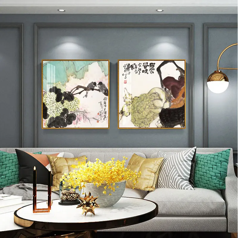 

Настенные художественные плакаты в китайском стиле с чернильным пейзажем животными птицами на холсте, декоративные настенные плакаты для ...