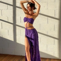 yzz summer sexy women purple two piece set halter tube top slit package skirt set fashion casual outfit 2022