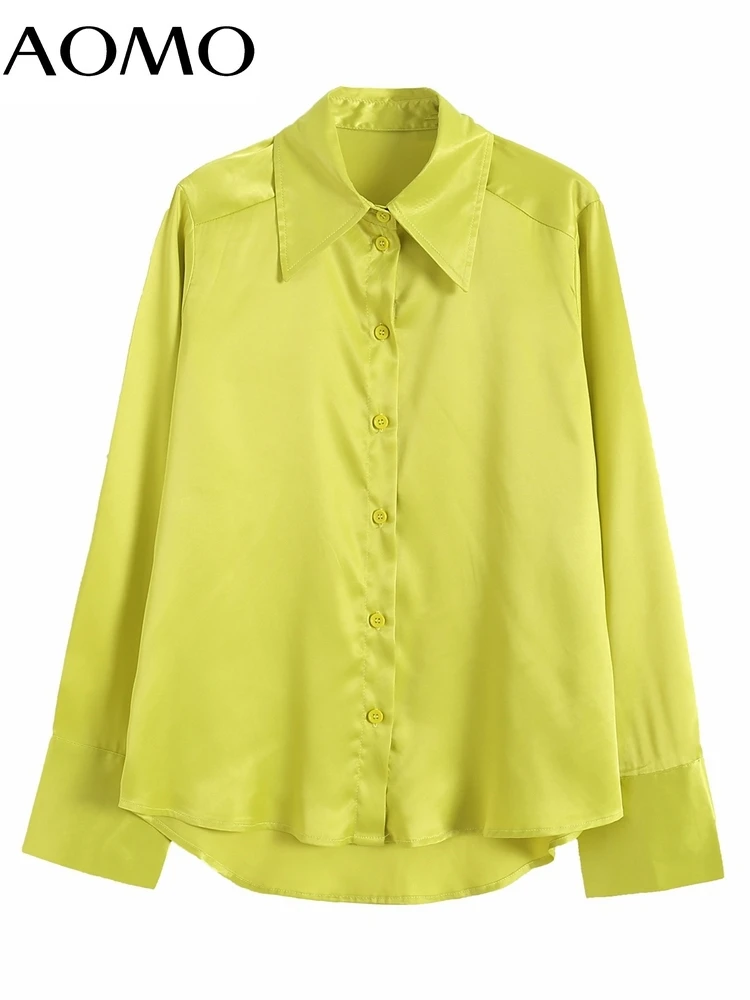 

AOMO Women 2022 Fashion Yellow Satin Shirts Vintage Long Sleeve Button-up Female Shirts Blusas BE300A