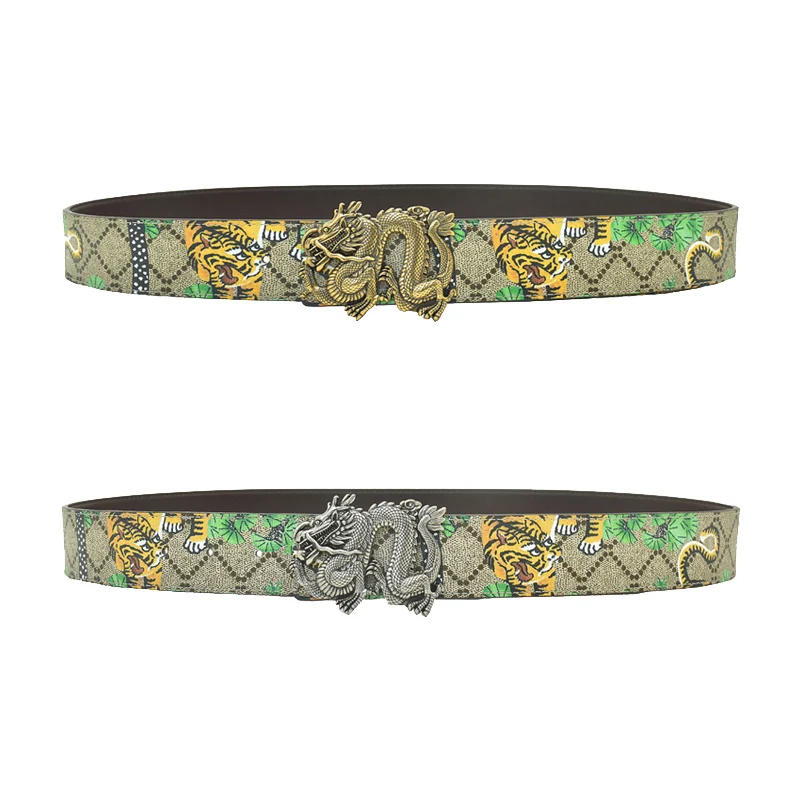 Match Jeans Pants  Men's Leather Belt Printed Green Tiger  Pattern Strap Dragon Tiger Buckle Strap