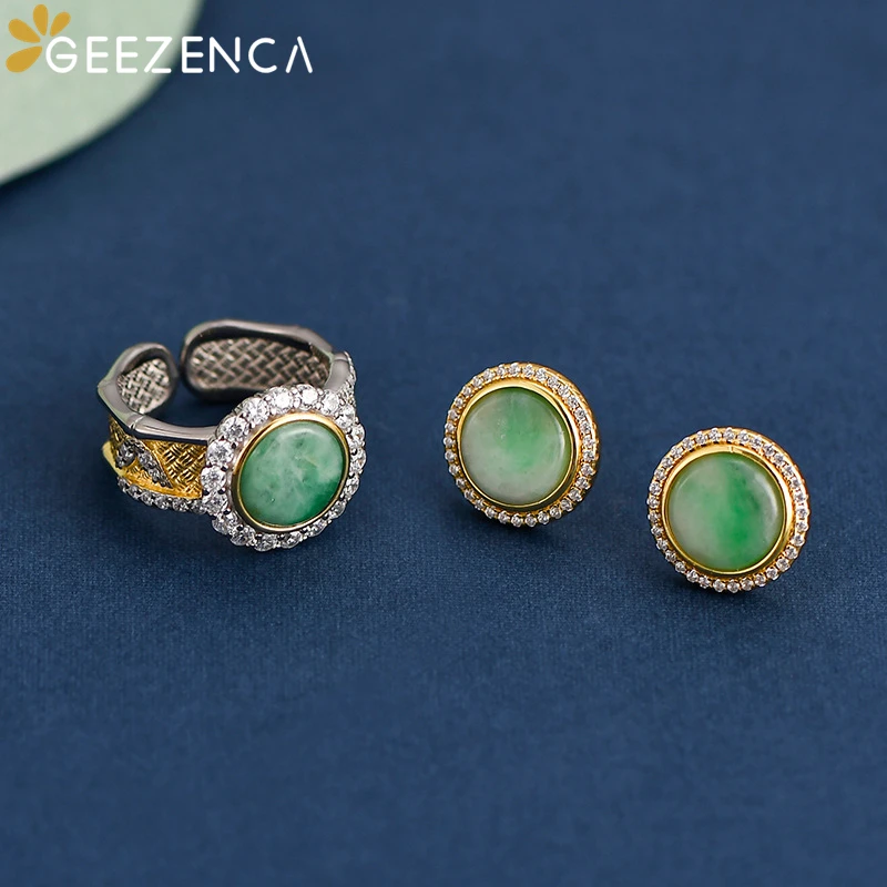 GEEZENCA Natural Jadeite 925 Sterling Silver Earrings Ring For Women Zircon Round Geometric Luxury Jewelry Sets 2023 New Gift