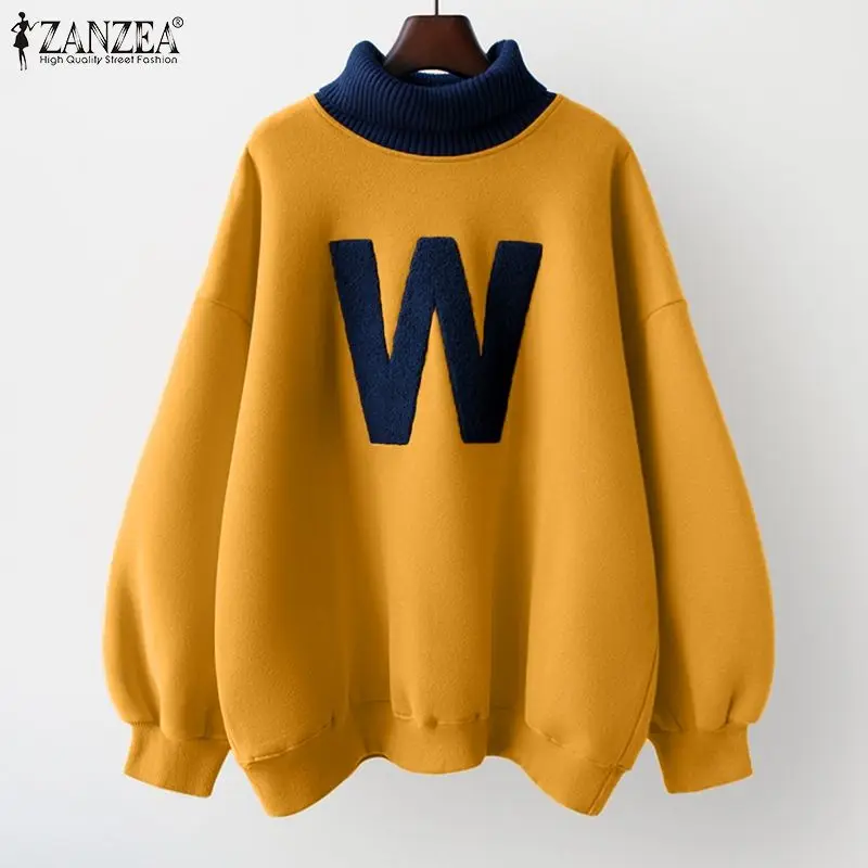 

Spring Autumn Long Sleeve Tops Women Turtleneck Oversized Sweatshirt ZANZEA Fashion Patchwork Hoodies Lady Casual Solid Pullover