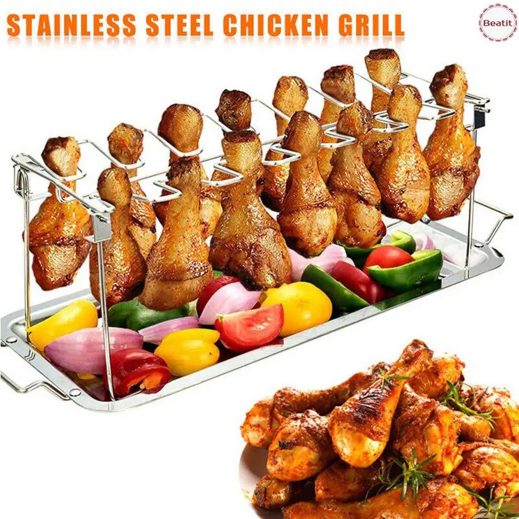 

Universal Stainless Steel Chicken Wing Leg Rack Grill Holder with Drip Pan for BBQ