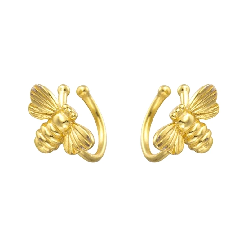 

24k Gold-Plated Silver Luxury Hip Hop Punk Bee Ear Cuff Zircon Earrings Pendientes Clip On Earring No Fake Piercing Earrings