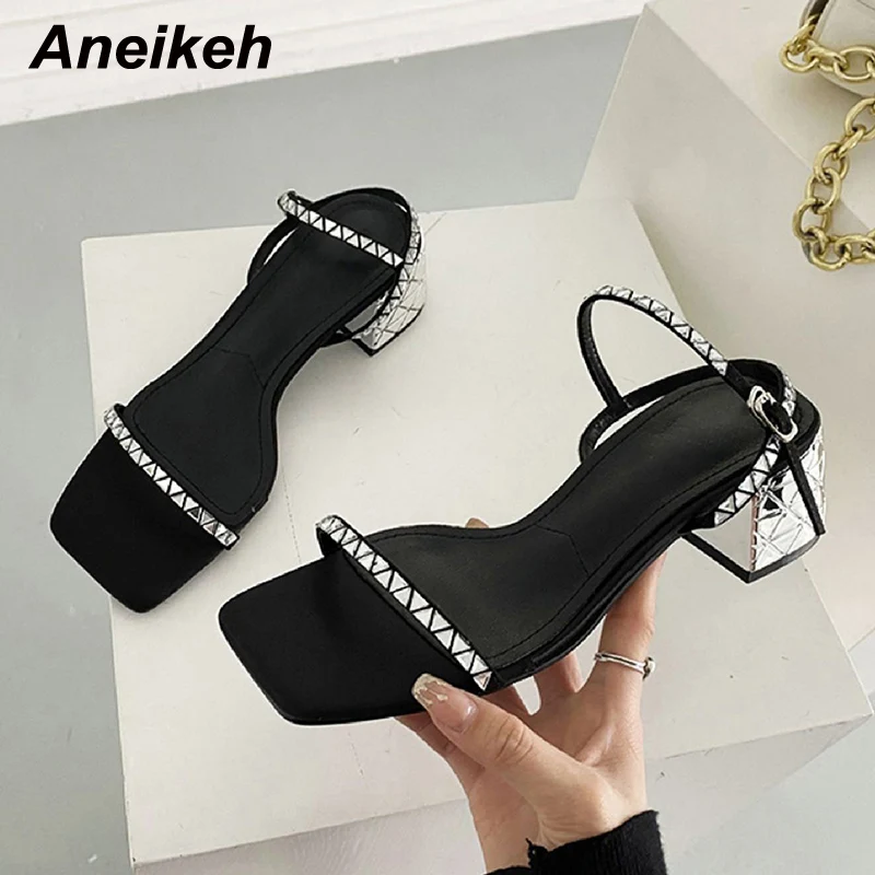 

Aneikeh Fashion Open Toe Mid Heel Women Summer Shoes Triangle Rivet Pattern Bordered Ankle Buckle Strap Office & Career Sandals