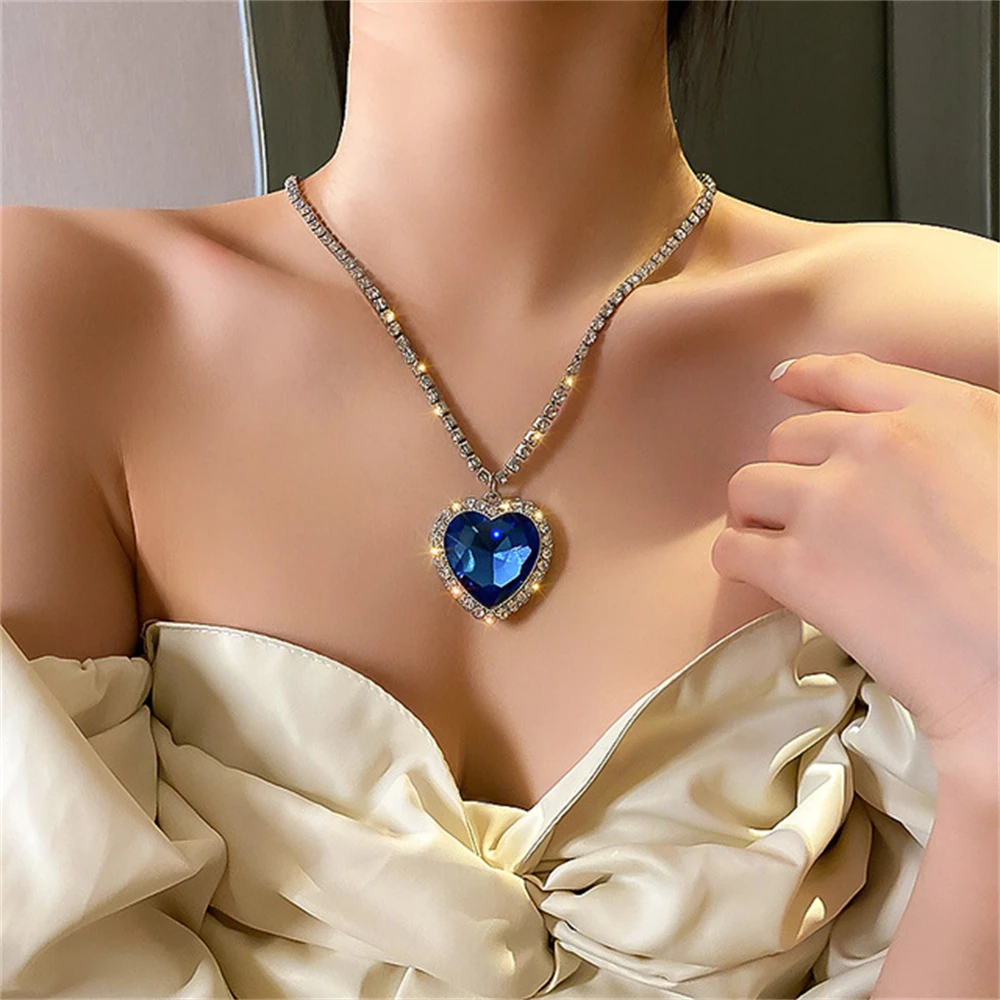 

Titanic Heart Blue Crystal Zircon Ocean Love Pendant Necklaces for Women Peach Jewelry Sets Female Wedding Engagement Party