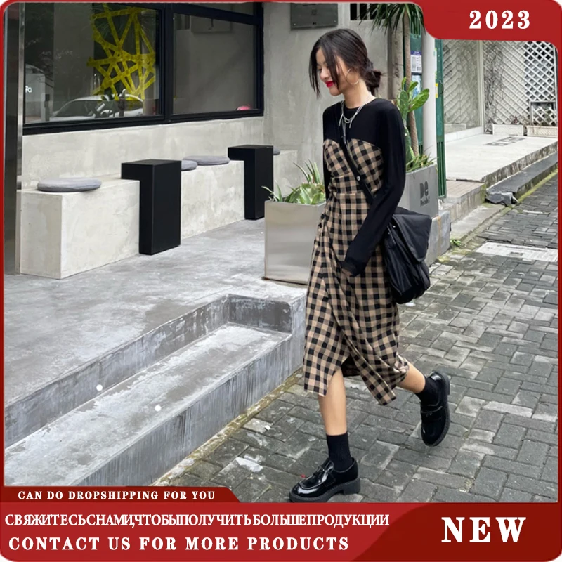 

2023 Plaid Dress Mid-length Spring Long-Sleeved Age-Reducing Fake Two-piece Stitching Pleats Slim Waist Temperament A-line Skirt