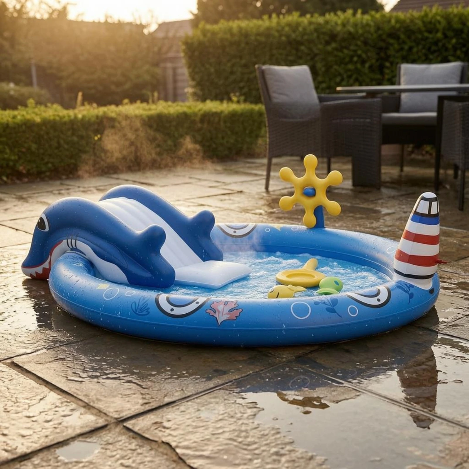 Фото Надувной бассейн Ocean Play Pool с горкой-дельфином из утолщенного ПВХ, легко устанавливаемый, для детских водных игр на открытом воздухе №4