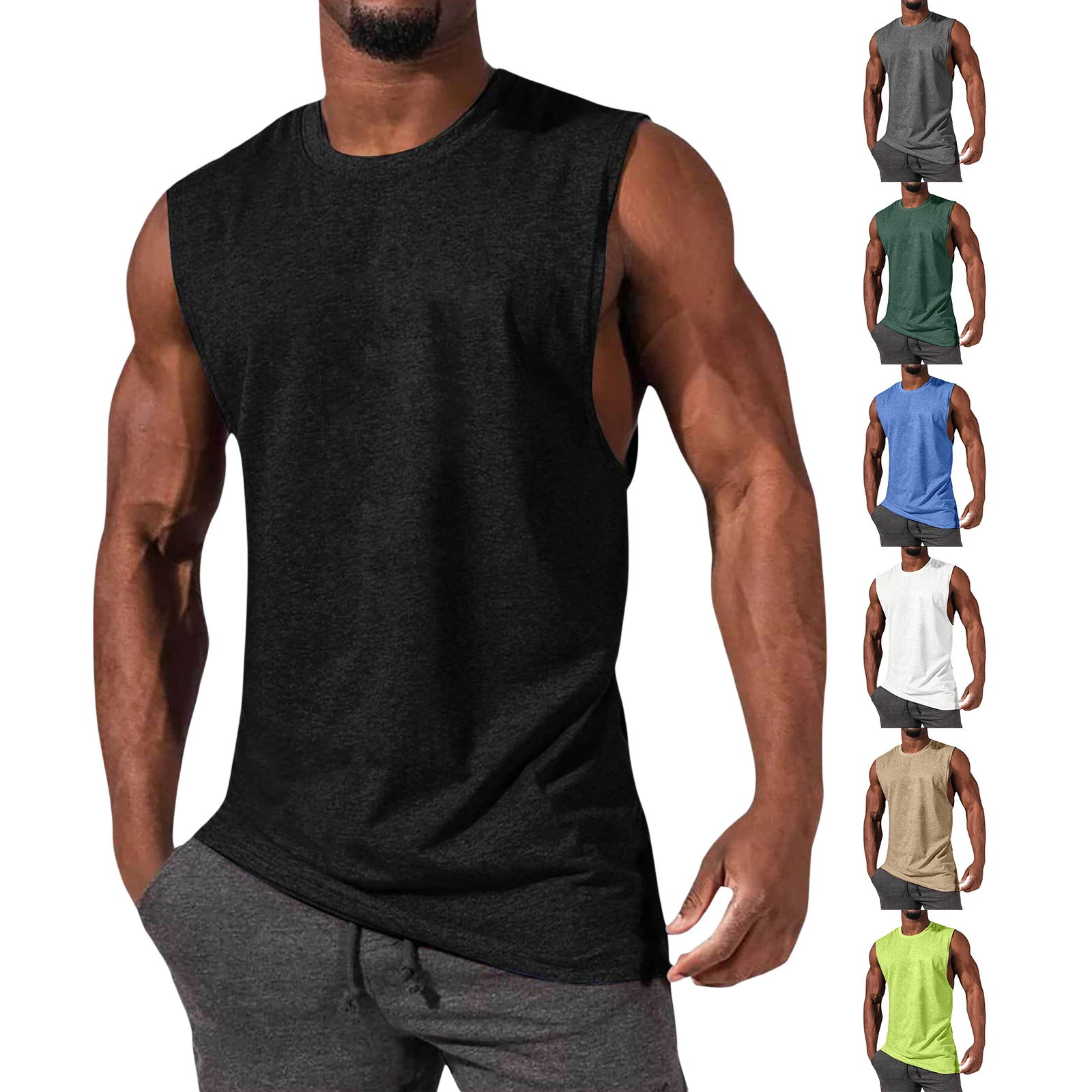 

Men's Casual Gyms Sports Summer Quick-drying Vest Solid Color Sleeveless Crewneck Running Workout Training Tops for Men