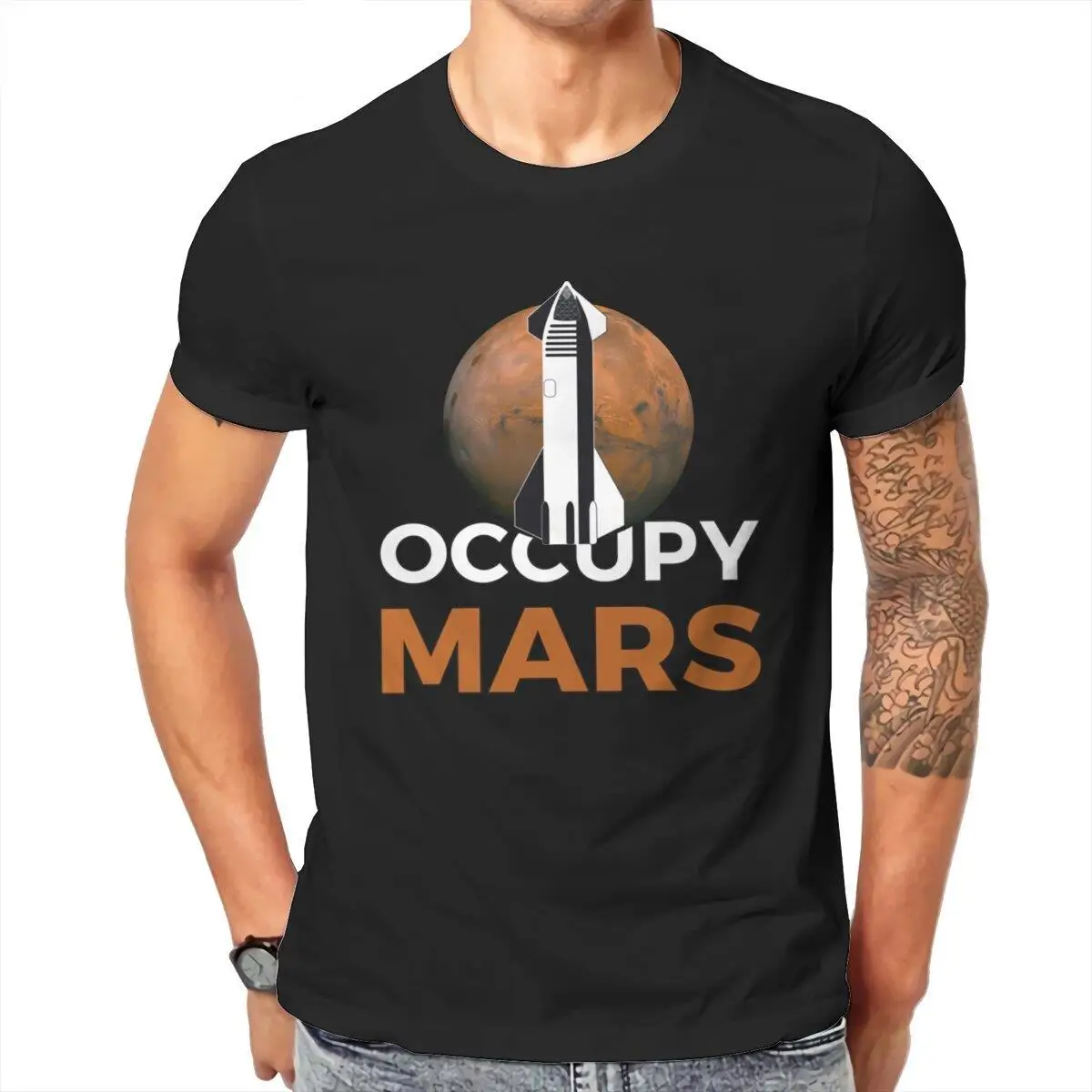 Casual Occupy Mars SpaceX Starship Flying  T-Shirts for Men O Neck 100% Cotton T Shirt Elon Musk Short Sleeve Tees Gift Clothing