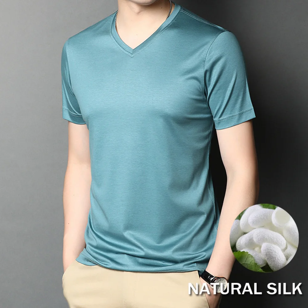 

Lyocell 58% Cotton 30.8% Silk 11.2% High Quality T Shirt Men Short Sleeve Summer V Neck Brand Tops Tees Office Undershrt Man new