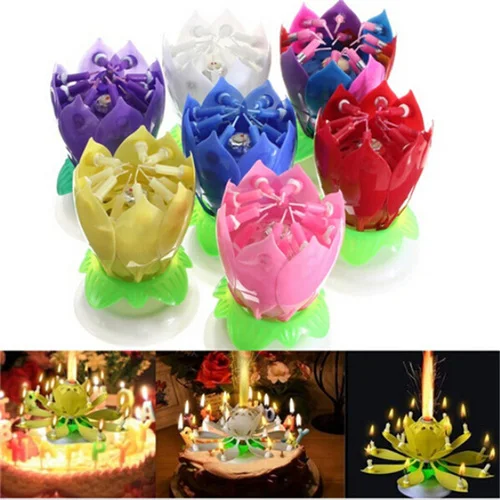 Rotating Happy Birthday Party Candle Singing Double Layer Musical Lotus Flower Cake Light Lamp Decoration |