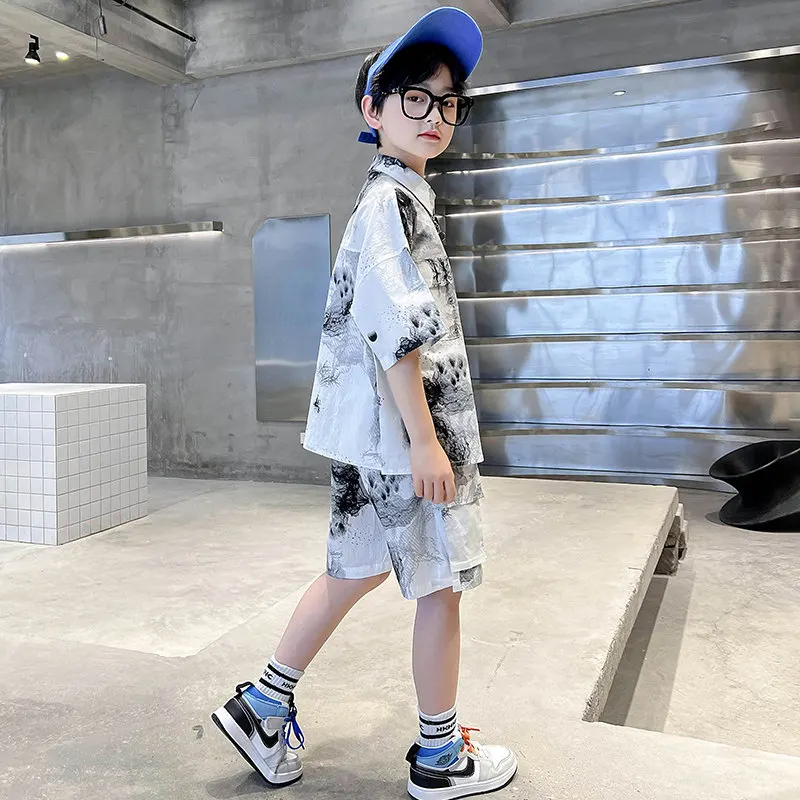 Kids Boys Clothing Sets Summer Fashion Print Shirts+Shorts Two Pieces Casual Outfits High Quality Baby Clothes 3 To 14Years Old