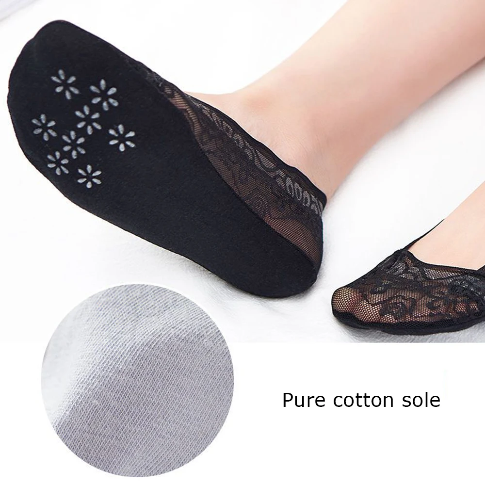 Women Girl Silica Gel Lace Boat Sock 5Pairs Fashion Sexy Invisible Cotton Sole Non-slip Breathable Slippers Cute Ankle Sock Gift