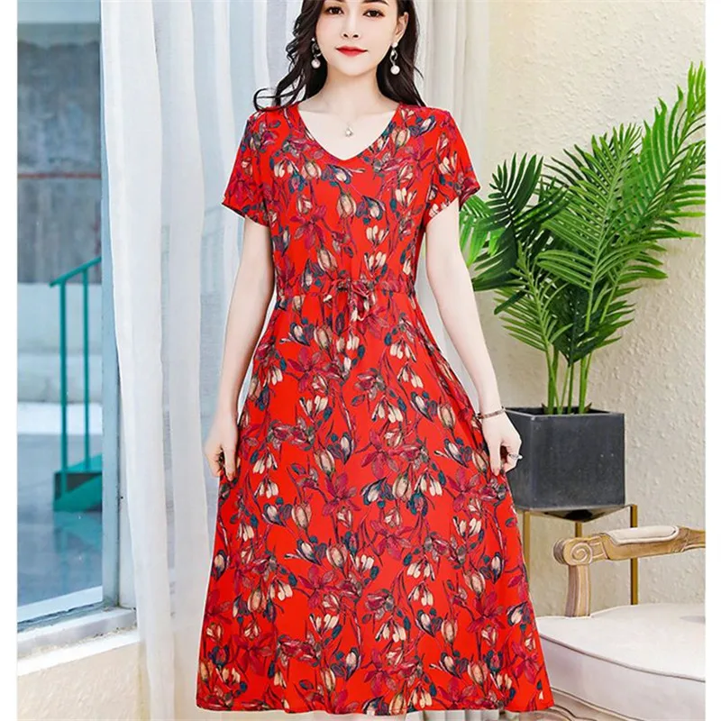 

Short Sleeve Midi A-Line Dress Women Summer Fashion Adjustable Waist Casual Dresses Plus Size 5Xl 4Xl Vestidos HH-026