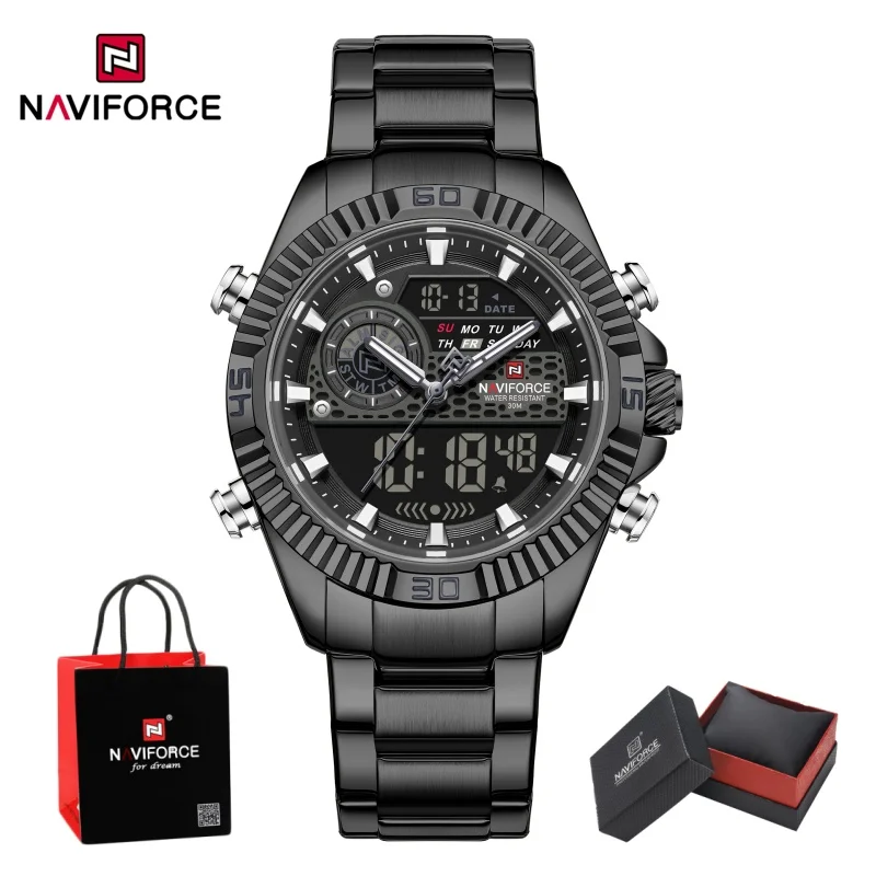 Фото Мужские часы NAVIFORCE, кварцевые, с двойным дисплеем, водонепроницаемые, из нержавеющей стали, мужские, роскошные, модные, деловые, наручные часы для активного отдыха, подарочная коробка №1