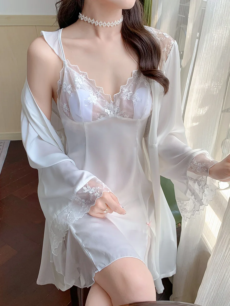 Sexy deep V temptation backless lace suspenders outer nightdress women's summer ice silk thin silk pajamas with chest pads