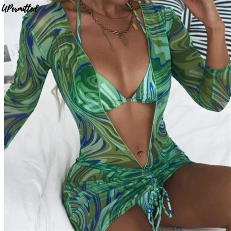 

2022 Summer Bikinis Women Three Pieces Set Mesh Woman Swiming Suit Wading Bathing Hot Spring Beach Wear