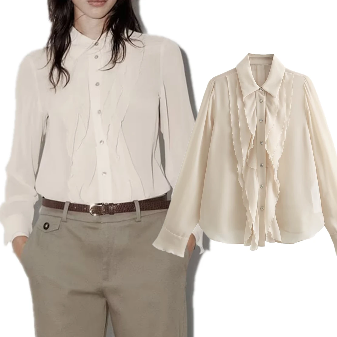 

Elmsk French Fashion Elegant Beige Layered Long Sleeve Shirt 2023 Autumn New Office Ladies Blouse Women Tops
