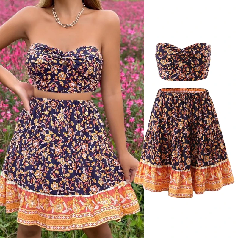 

Bohemian Summer Women Stylish With Print Tied Cropped Corset Elastic Waist Folds A-LINE Chic Two Piece Mini Skirt Sets Mujur