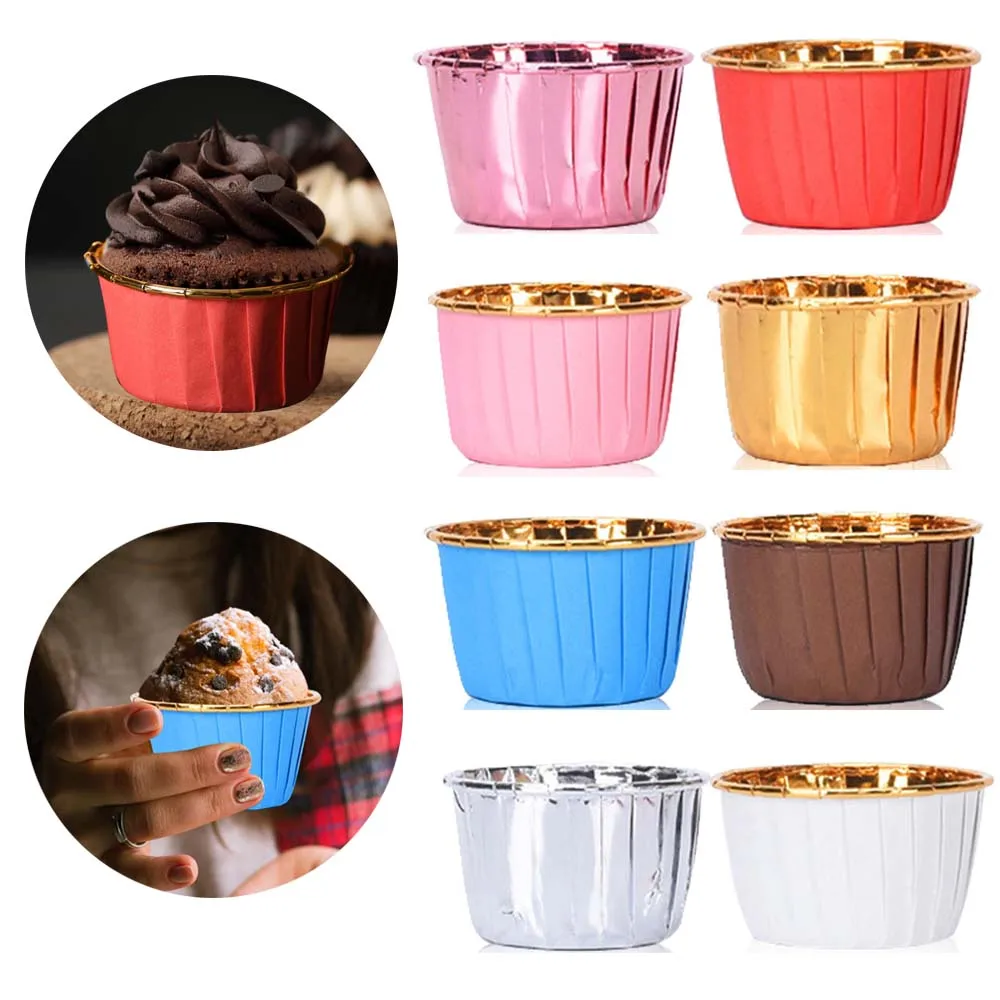 

50pcs/pack Aluminum Cupcake Baking Cups Muffin Cupcake Liner Cake Wrappers Baking Cup Tray Case Pastry Tools Party Supplies