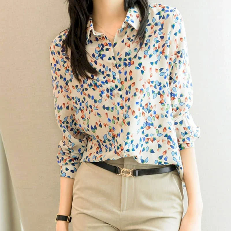 

Shirts for Women Vintage Printed Long Sleeved Polo-neck Loose Casual Korean Style Single Breasted One Piece Blouse Women Tops