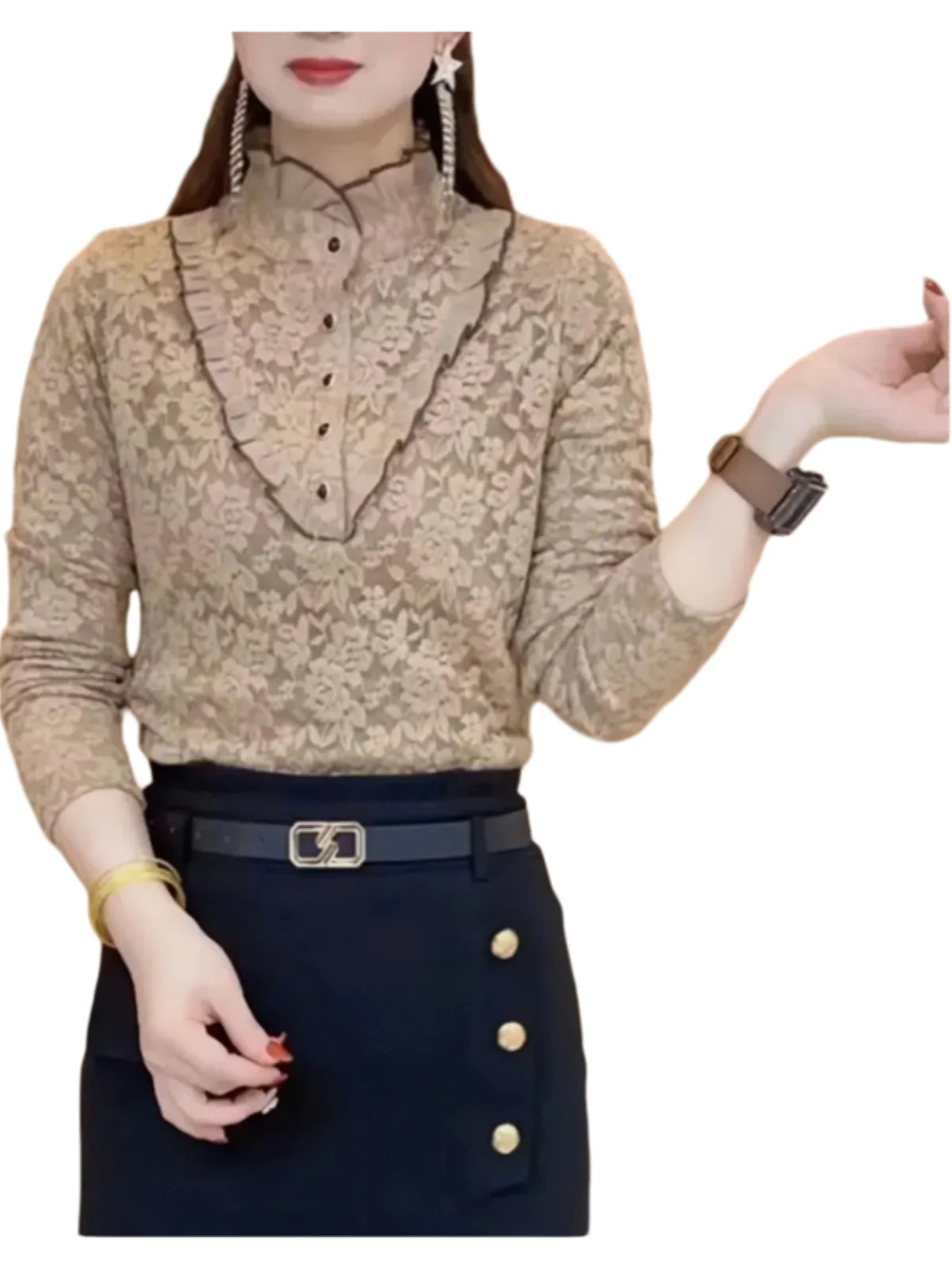 Кружевная рубашка на флисовой подкладке с толстым дном женская осень и зима 2024