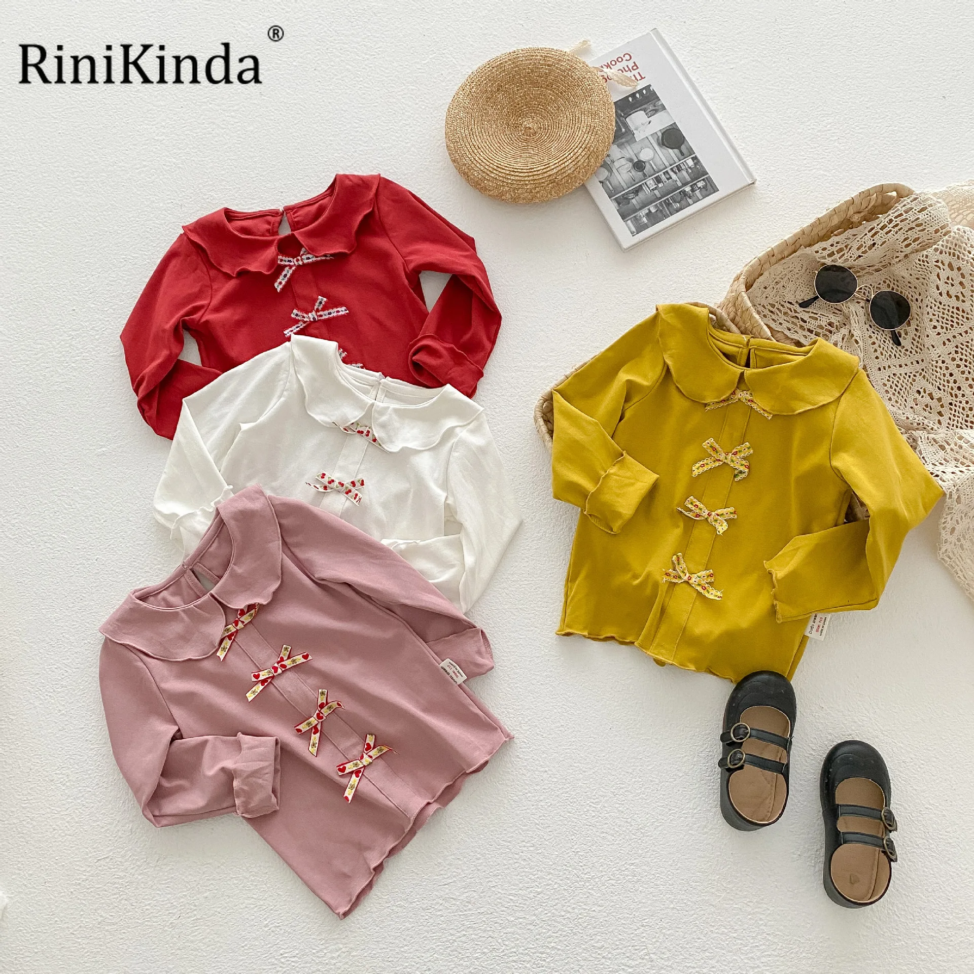 

RiniKinda2 Autumn Girls Blouse Shirts Bow Turn-down Collar Baby Girl School Blouses Cotton Shirt Solid Kids Children Clothing
