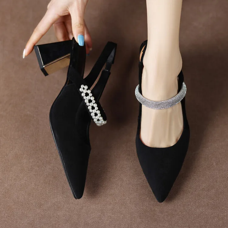 

Black Suede Spring Women Slingback Pumps Pointed Toe Shallow Simple Working Stilettos Crystal Strap Square High Heels Sandalias